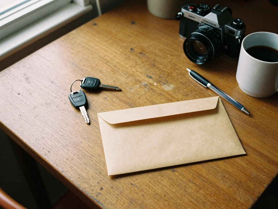 Car key, envelope and pen on a kitchen table
