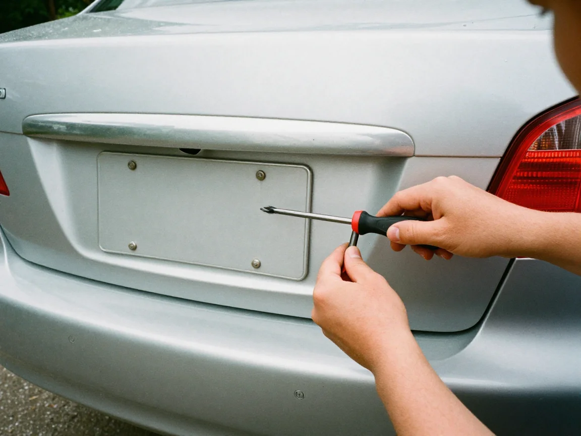 Hands removing a license plate with a screwdriver